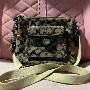 Coach Brown Signature Canvas Crossbody with Pale Green Strap